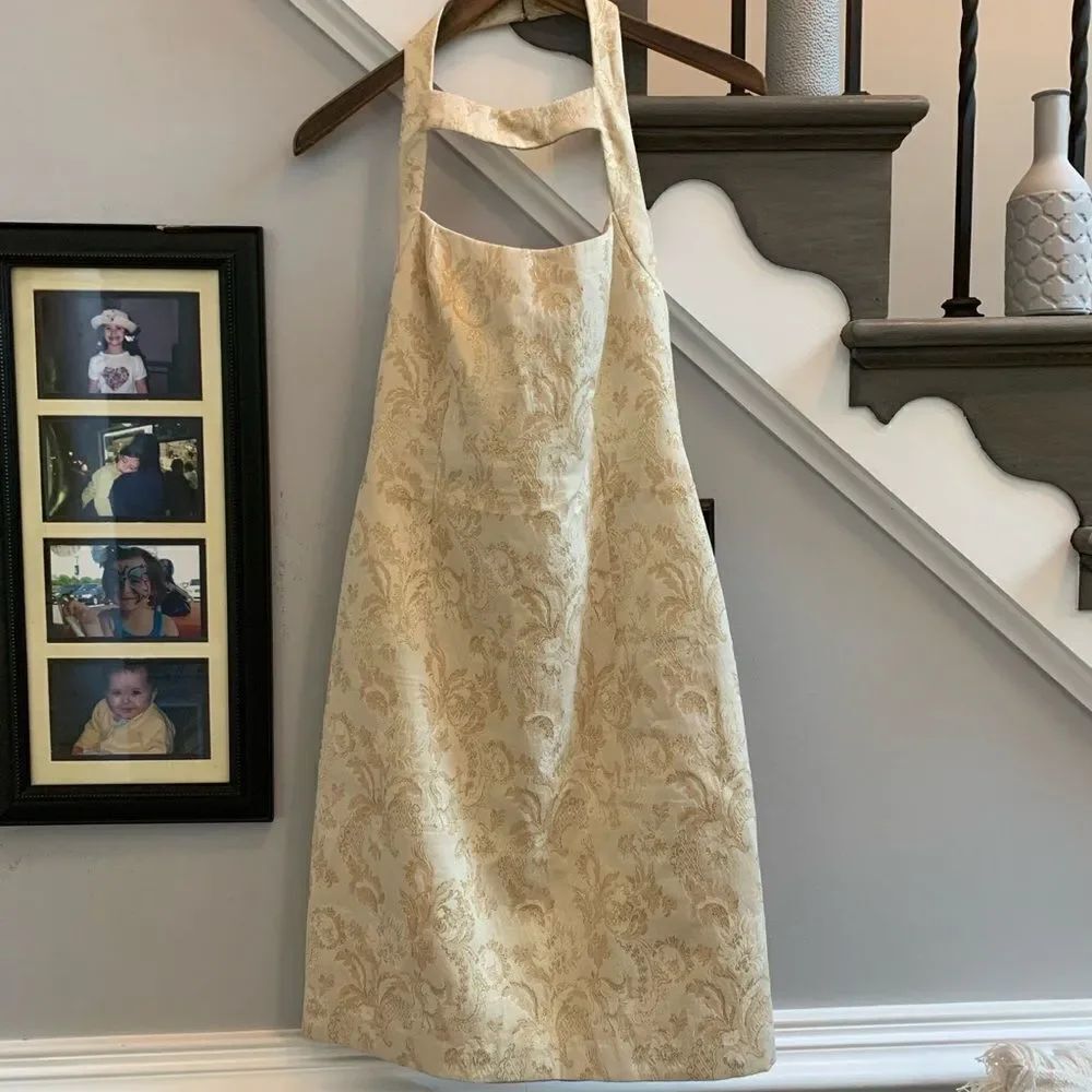 David Meister Gold Damask Strap Dress sz 4 EUC